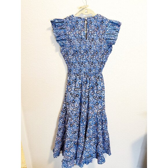 Cleobella Autumn Midi Dress Paisley Print Flutter Sleeve Smocked Blue Small - Picture 4 of 8